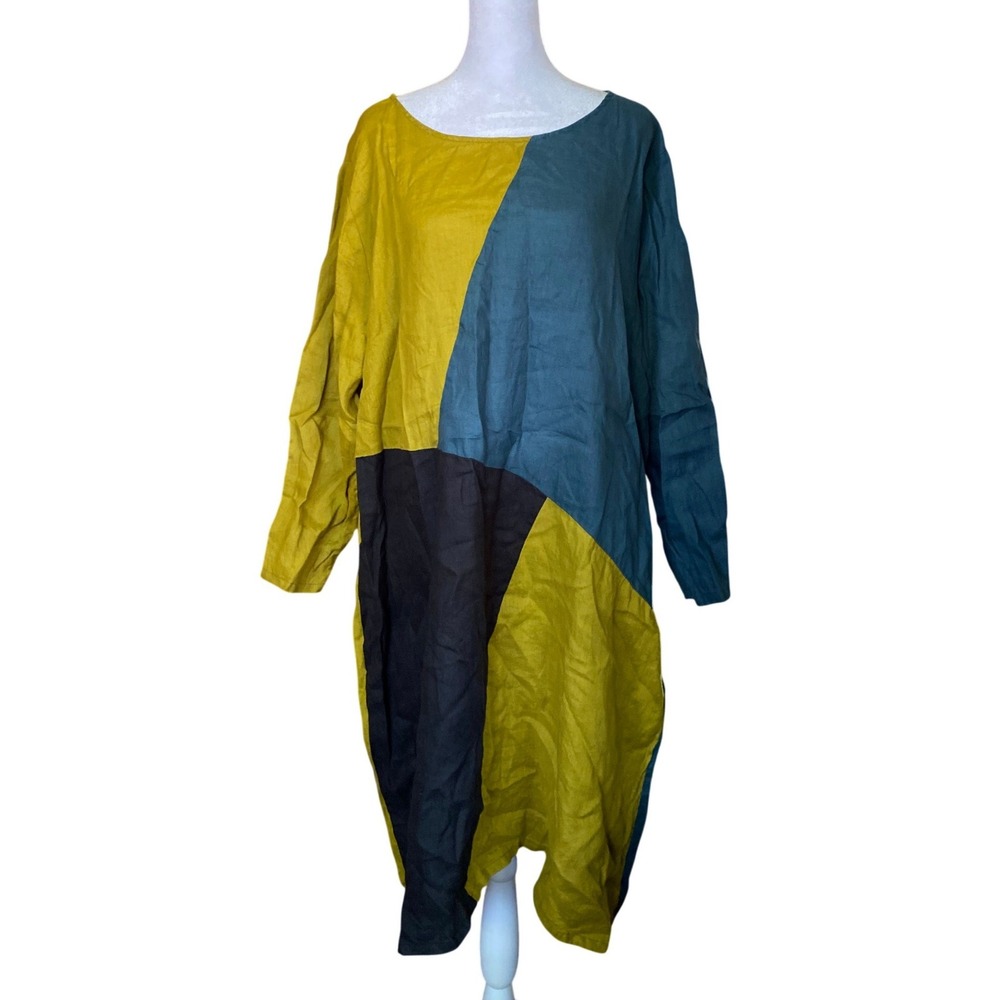 Lisa Bayne Linen Colorblock Midi Shift Dress XXL Lagenlook Boho Maximalist Artsy
